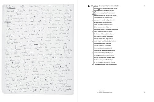 Aufgeschlagene Doppelseite, Faksimile, Transkription und textkritischer Apparat (Franz Kafka, Oxforder Quartheft 3)