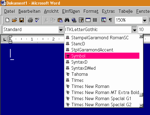 Screenshot M$ WORD Schriftartmenü