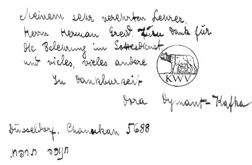 Widmung von Dora Dymant-Kafka (»Das Schloss«)