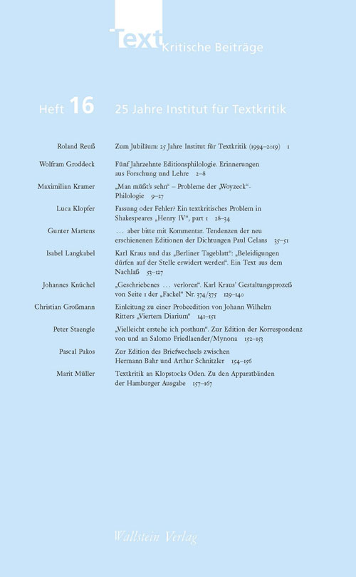 Umschlag: TEXTkritische Beiträge 16 (2020), Hrsg. Roland Reuß und Wolfram Groddeck